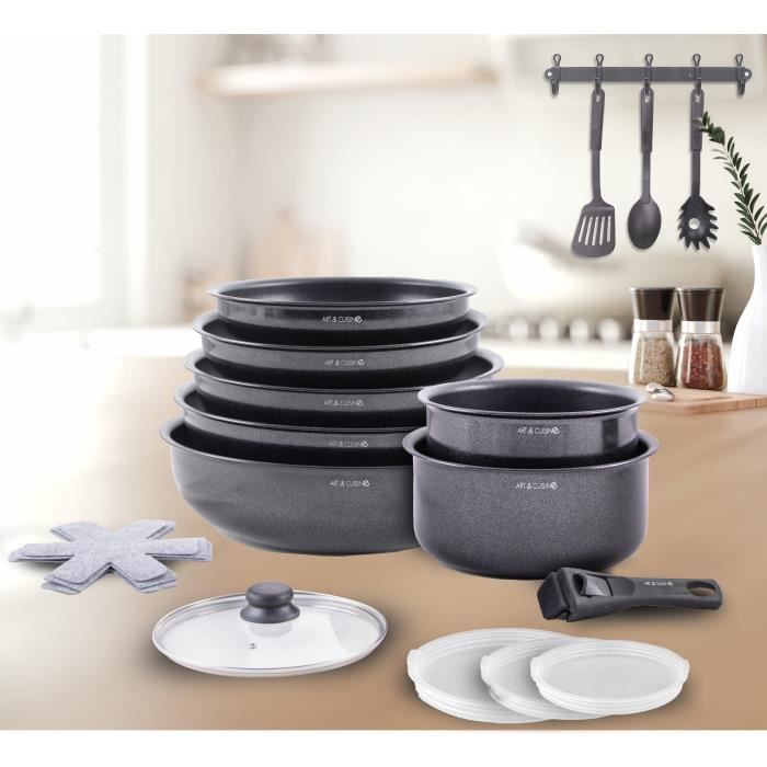 Cookware set - All hobs including induction - ART & CUISINE - AC1824 - Aluminum - 18 pieces - Non-stick - Removable handle