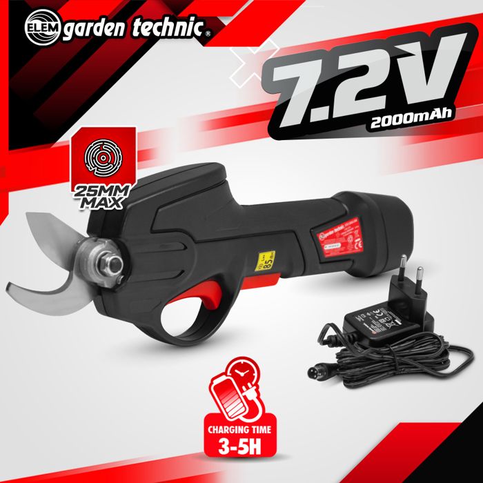 7.2V lithium rechargeable pruning shears with integrated battery and charger - Elem Garden