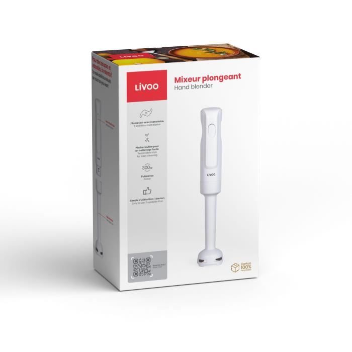 Hand blender - LIVOO - 300 W - 2 stainless steel blades - 1 speed - White