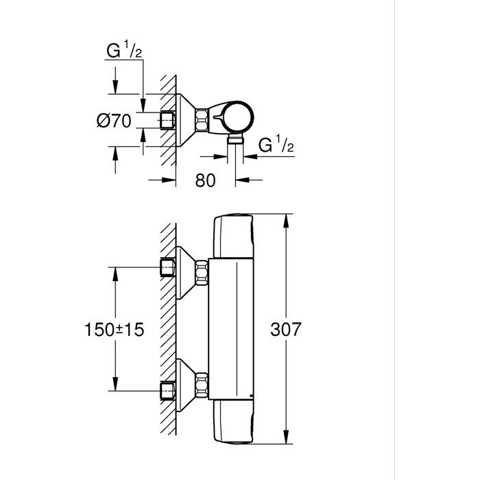 Grohe thermostatic mixer shower Precision trend, wall mounting, anti-cross protection, 1/2 threaded connection, chrome, 34229002