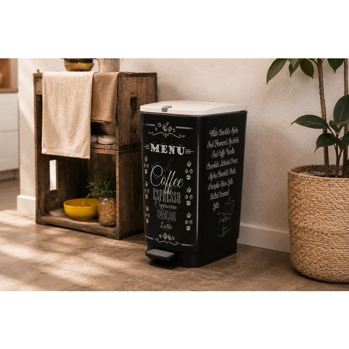 KIS Pedal Kitchen Waste Bin 50L CHIC Black Motif Coffee Menu