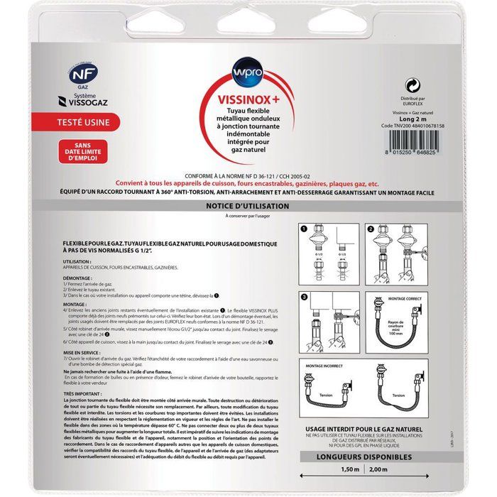 Stainless Steel Gas Hose - WPRO - TNV200 - Natural Gas - Vissinox+ - 2 m
