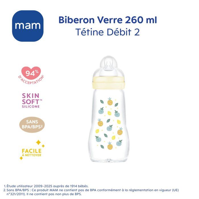 MAM Glass Bottle - 260ml - 0 to 6 months - Teat Flow 2 - White