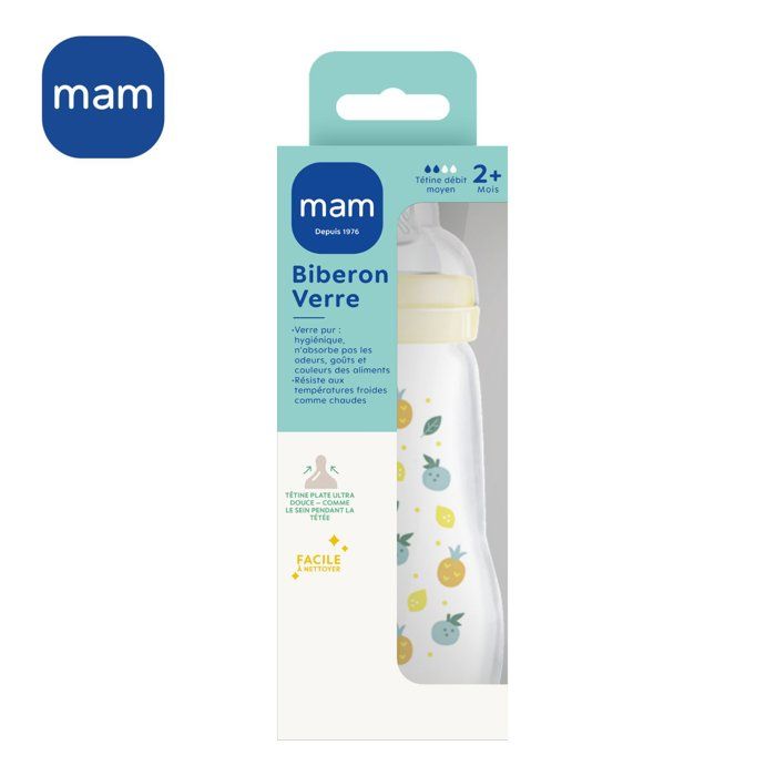 MAM Glass Bottle - 260ml - 0 to 6 months - Teat Flow 2 - White