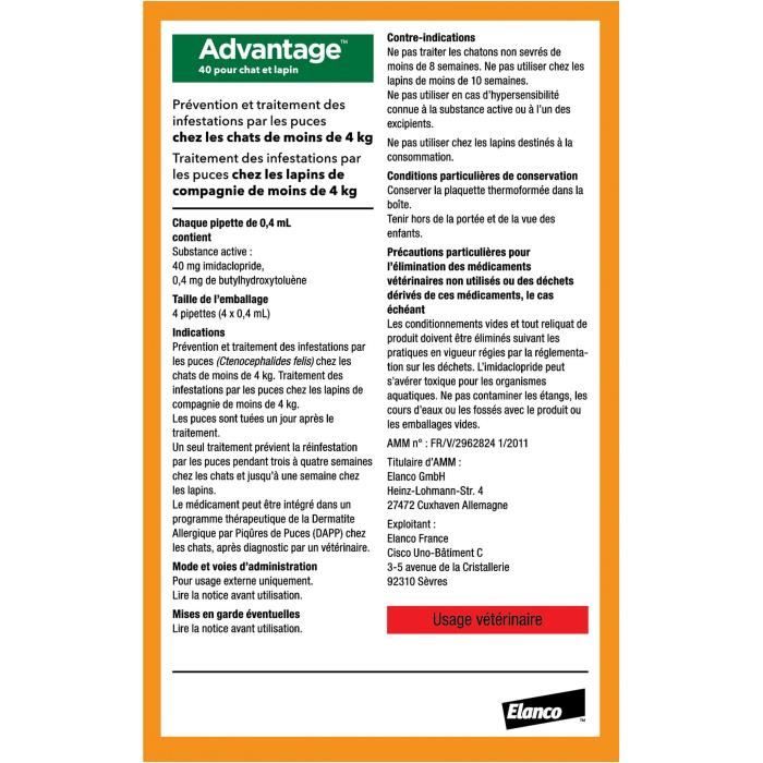 Advantage antipuce rabbit chat solution 1 to 4kg 4 pipettes