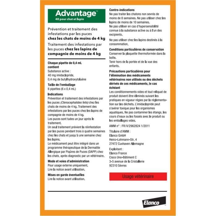 Advantage antipuce rabbit chat solution 1 to 4kg 6 pipettes
