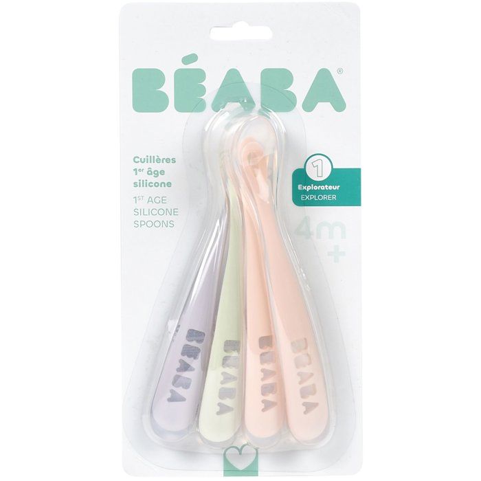 BEABA Set of 4 silicone 1st age spoons (windy blue + eucalyptus green + light mist + old pink)