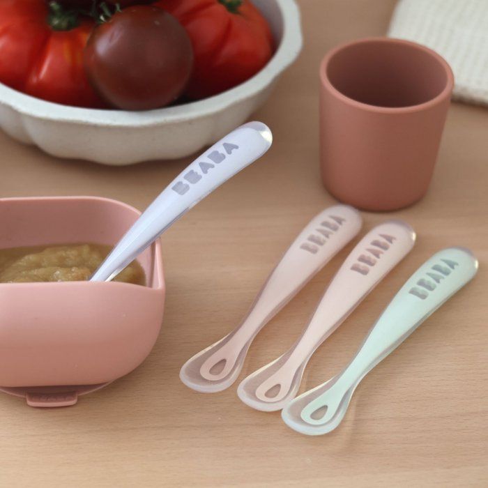 BEABA Set of 4 silicone 1st age spoons (windy blue + eucalyptus green + light mist + old pink)