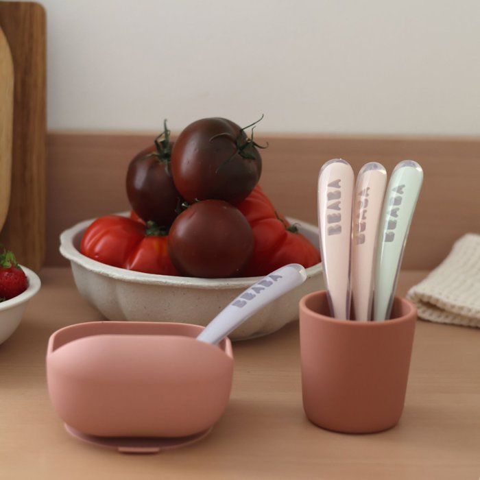 BEABA Set of 4 silicone 1st age spoons (windy blue + eucalyptus green + light mist + old pink)