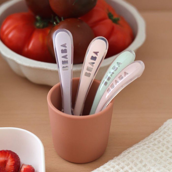 BEABA Lot of 4 spoons 2nd age silicone (dark blue + pink + light mist + airy green)