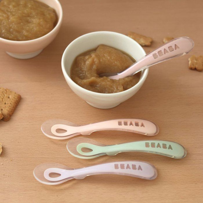 BEABA Lot of 4 spoons 2nd age silicone (dark blue + pink + light mist + airy green)