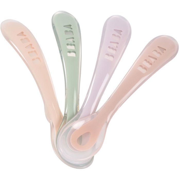 BEABA Lot of 4 spoons 2nd age silicone (dark blue + pink + light mist + airy green)