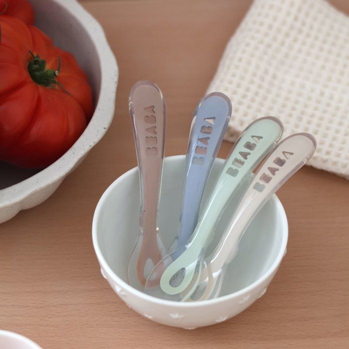 Set of 4 silicone spoons for second age, velvet grey/sage green