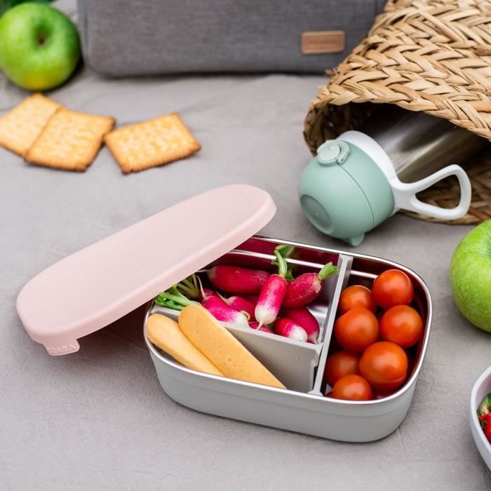 BEABA, Children's stainless steel lunch box, silicone lid and protective cover, Velvet gray and powder pink