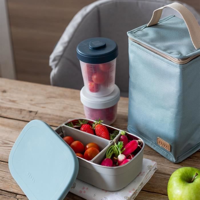 BEABA, Children's stainless steel lunch box, silicone lid and protective cover, Velvet gray and blue