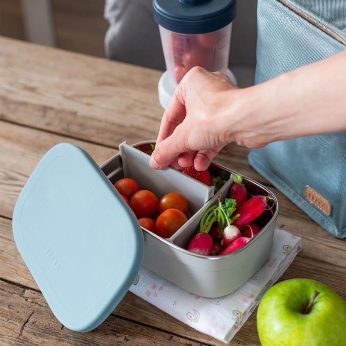 BEABA, Children's stainless steel lunch box, silicone lid and protective cover, Velvet gray and blue