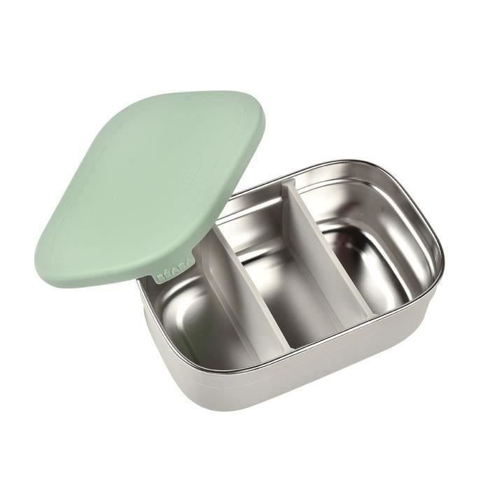 BEABA, Children's stainless steel lunch box, silicone lid and protective cover, Velvet gray and sage green