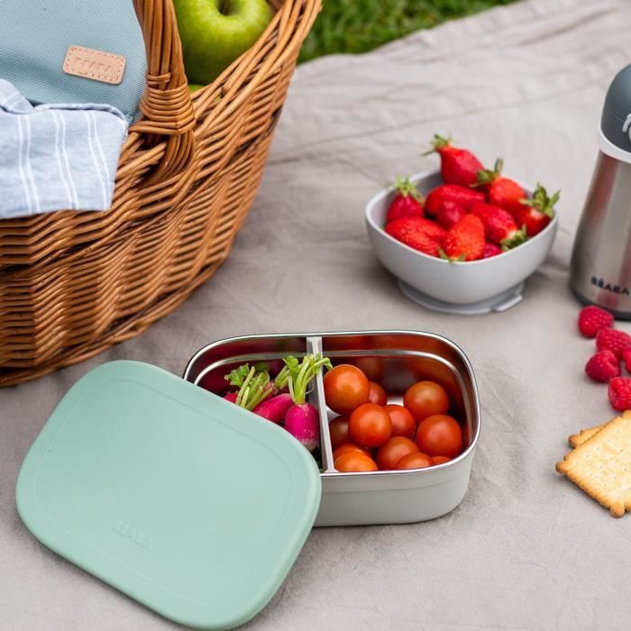 BEABA, Children's stainless steel lunch box, silicone lid and protective cover, Velvet gray and sage green