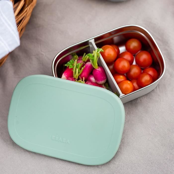 BEABA, Children's stainless steel lunch box, silicone lid and protective cover, Velvet gray and sage green