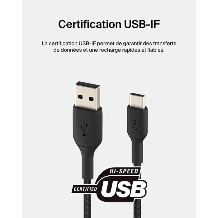 Câble tressé - BELKIN - USB-C vers USB-A - 2 m - Noir