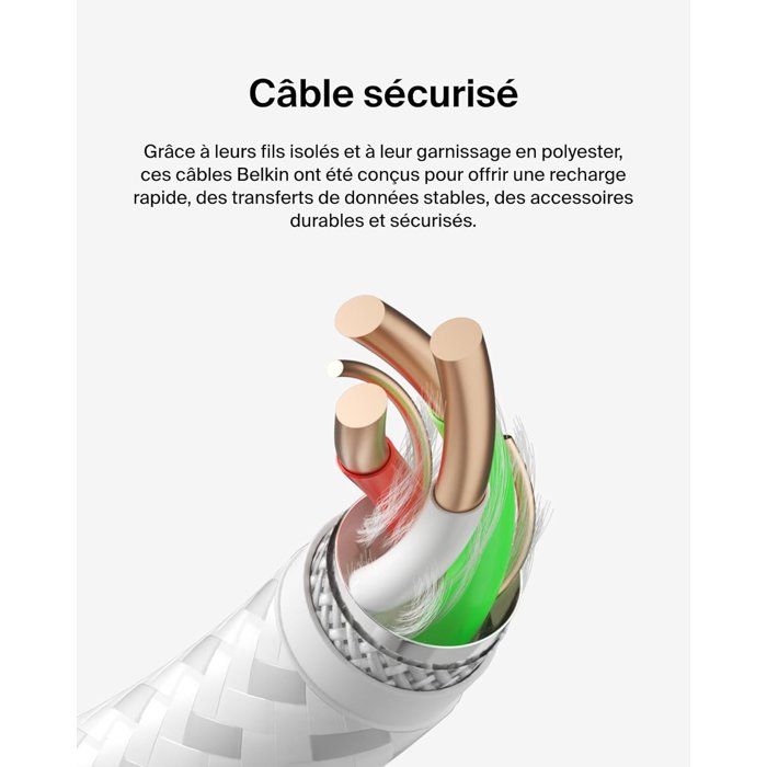 Câble tressé - BELKIN - USB-A vers USB-C - 3 m - Blanc