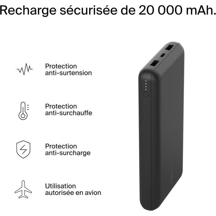 Portable Charger - BELKIN - 20,000 mAh - USB-A & USB-C - 15 W - Black
