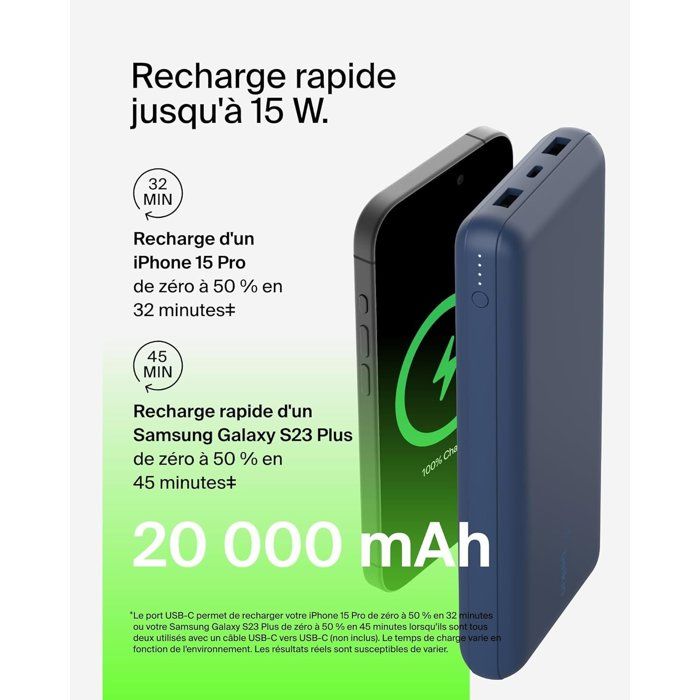 Batterie externe - BELKIN - 20 000 mAh - USB-A & USB-C - 15 W - Bleu