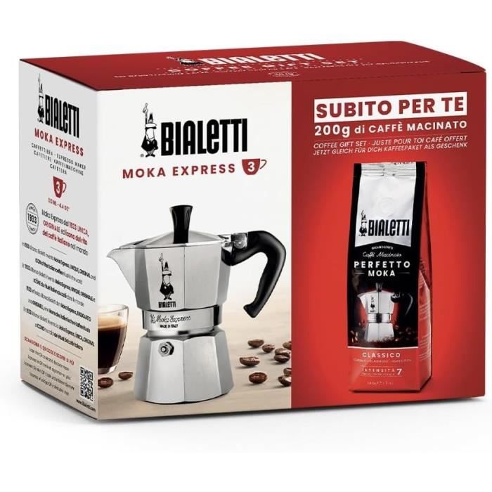 Italian coffee maker + 1 Perfetto Moka Classico coffee - BIALETTI - MOKA - 3 cups - 0.30 L - Pack of 250 g - Silver