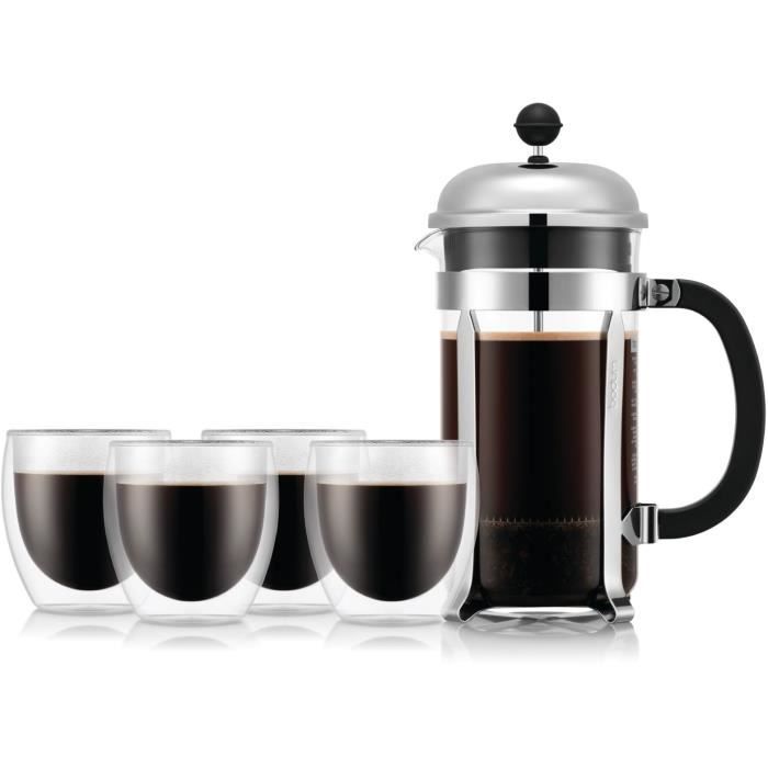 French press coffee maker - BODUM - CHAMBORD SET - 8 cups 1.0 l + 4 double-walled PAVINA glasses 25 cl