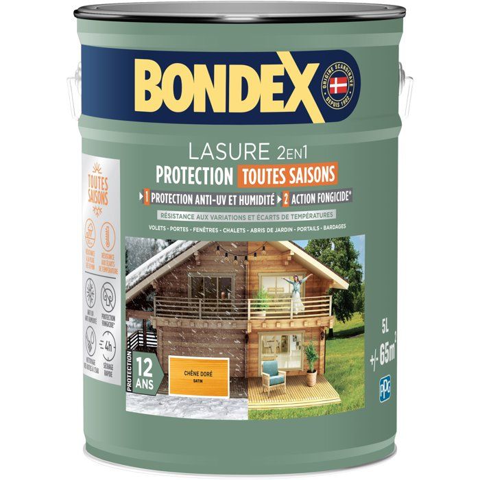 Lasure 2 en 1 protection extérieure - Chene Doré - Satin - Protection 12 ans - Toutes saisons  - Bondex - 5L