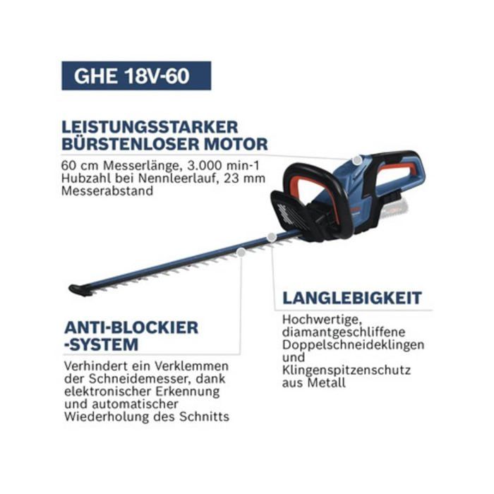 Hedge trimmer - Bosch - GHE 18V-60 - Brushless motor - Cutting capacity 20 mm - Anti-blocking system
