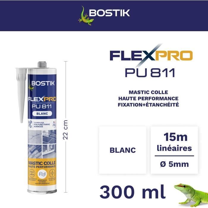 Mastic colle/joint - BOSTIK - Flexpro PU811 - Tous matériaux - Intérieur/extérieur - Blanc - 300 ml