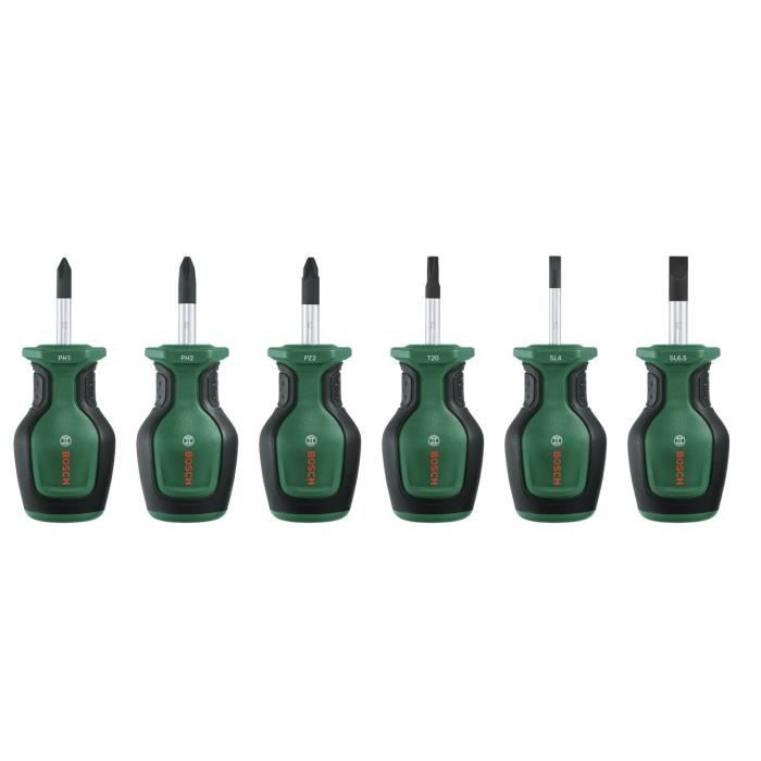 Bosch Set of 6 short screwdrivers (for tight spaces PH/PZ/TX/Flat S2 steel high torque magnetic tip)