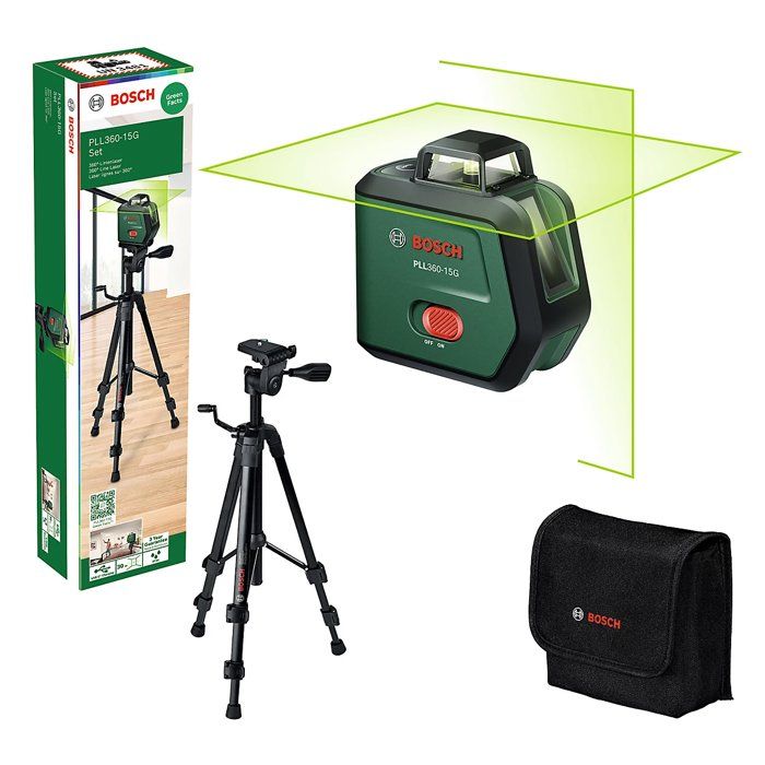 BOSCH Line Lasers - PLL 360-15G - Includes a TT 120 tripod, user manual, protective case, and Li-ion battery