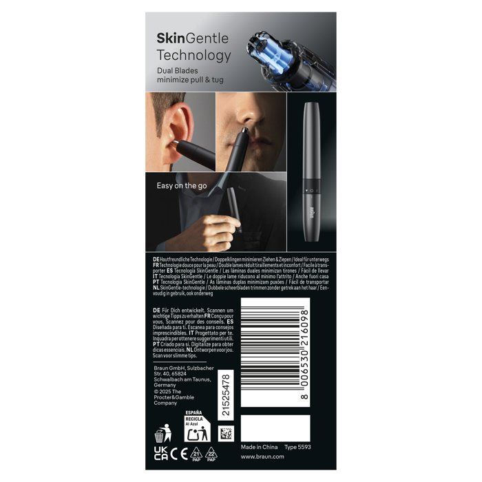 Nose and Ear Trimmer - BRAUN - EN20 - SkinGentle Technology - Washable Blades - Ergonomic