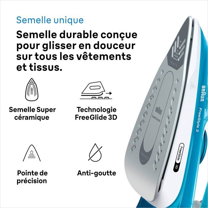 BRAUN FI3144 BL FreeStyle 3 steam iron - Power 2400 W - SuperCeramic soleplate - 270 ml water tank - Constant steam 45 g/min