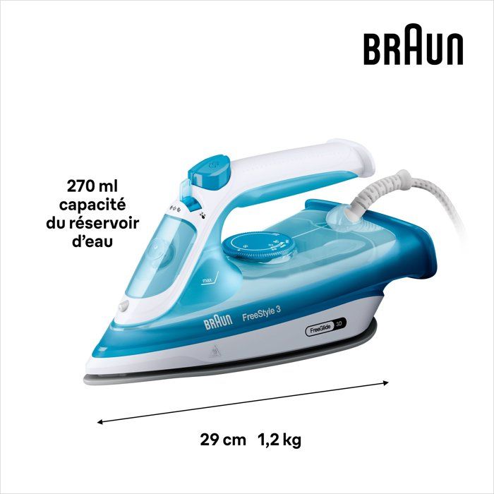 BRAUN FI3144 BL FreeStyle 3 steam iron - Power 2400 W - SuperCeramic soleplate - 270 ml water tank - Constant steam 45 g/min