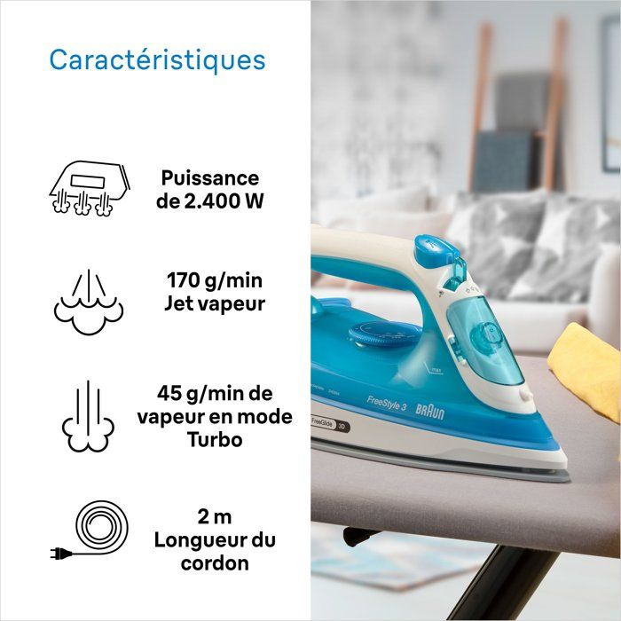 BRAUN FI3144 BL FreeStyle 3 steam iron - Power 2400 W - SuperCeramic soleplate - 270 ml water tank - Constant steam 45 g/min