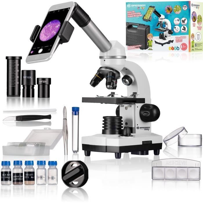 Biolux SEL microscope with zoom system - BRESSER JUNIOR - 40x-1600x magnification - smartphone holder - white hard case