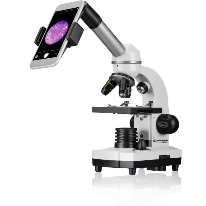Biolux SEL microscope with zoom system - BRESSER JUNIOR - 40x-1600x magnification - smartphone holder - white hard case