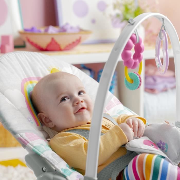 BRIGHT STARTS Rosy Rainbow evolving rocker, soothing vibrations, 2 recline positions, up to 36 months