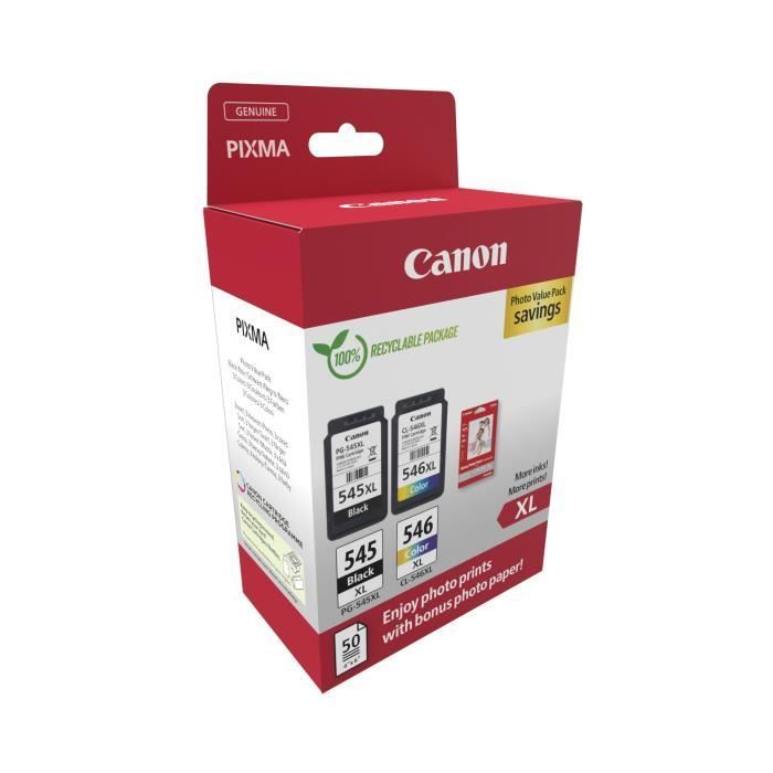 Pack of 2 ink cartridges + photo paper pack - CANON - PG-545XL Black + CL-546XL Color - High yield
