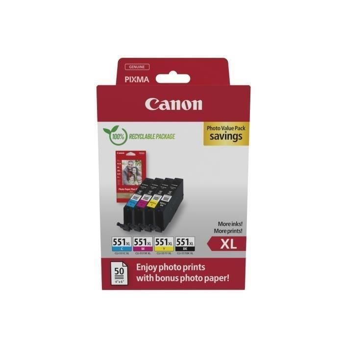 Multipack ink cartridges + photo paper pack - CANON - CLI-551XL Black/Cyan/Magenta/Yellow - High yield
