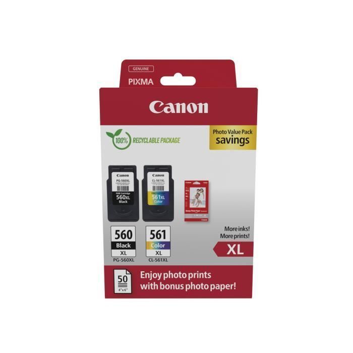 Pack of 2 ink cartridges + photo paper pack - CANON - PG-560XL Black + CL-561XL Color