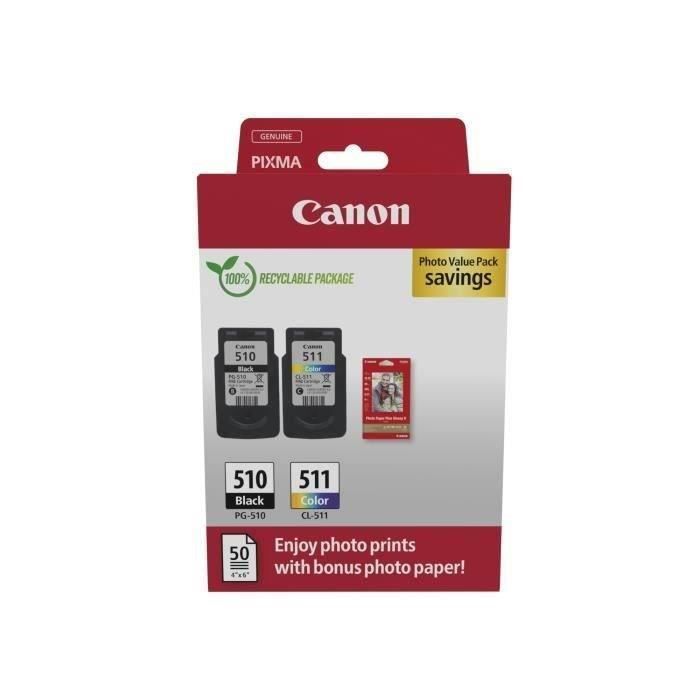 Pack of 2 ink cartridges + photo paper pack - CANON - PG-510 Black + CL-511 Color