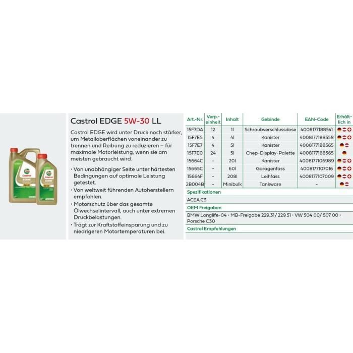 Engine oil - CASTROL - EDGE 5W-30 LL - 5L