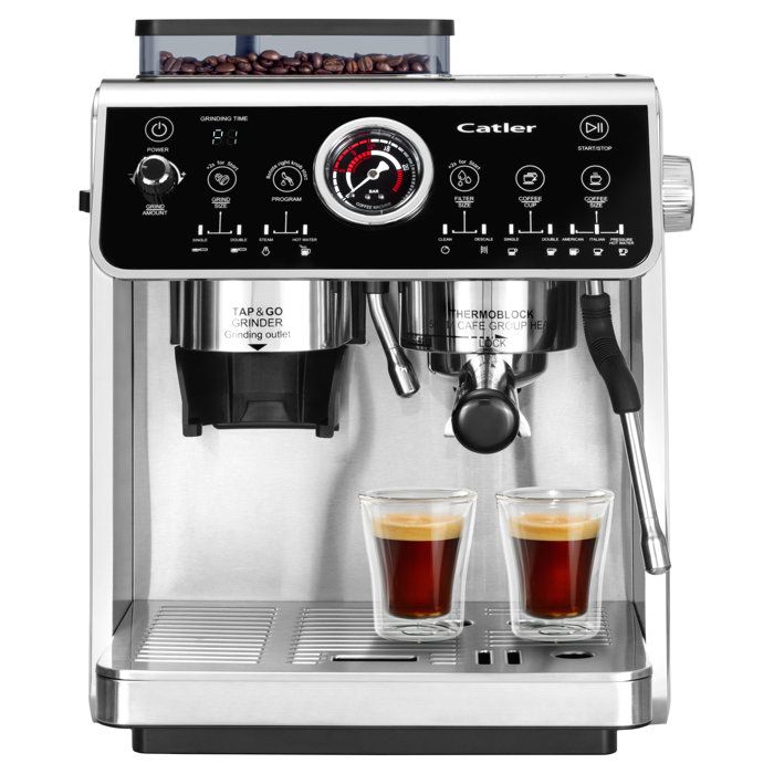 CATLER ES 910 Lever-Operated Espresso Machine - Whole Bean Coffee - Dual Pump 20/5 bars - 30-Level Stainless Steel Grinder - Black/Stainless Steel