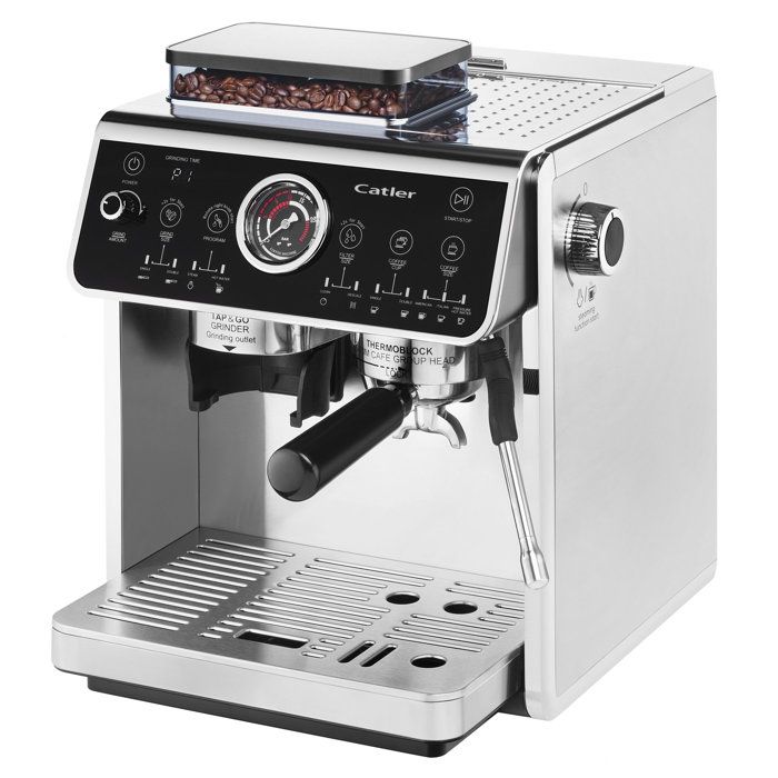 CATLER ES 910 Lever-Operated Espresso Machine - Whole Bean Coffee - Dual Pump 20/5 bars - 30-Level Stainless Steel Grinder - Black/Stainless Steel