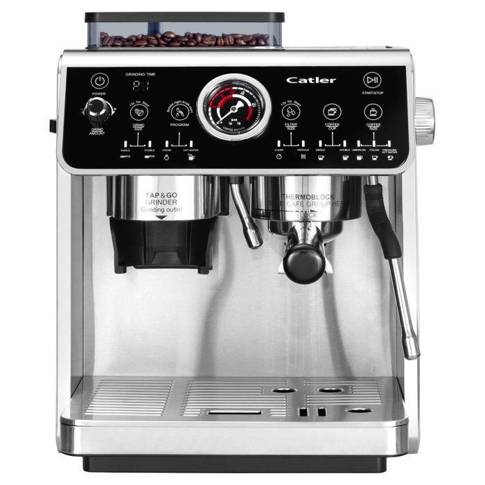 CATLER ES 910 Lever-Operated Espresso Machine - Whole Bean Coffee - Dual Pump 20/5 bars - 30-Level Stainless Steel Grinder - Black/Stainless Steel