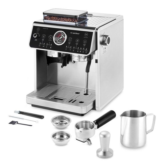 CATLER ES 910 Lever-Operated Espresso Machine - Whole Bean Coffee - Dual Pump 20/5 bars - 30-Level Stainless Steel Grinder - Black/Stainless Steel